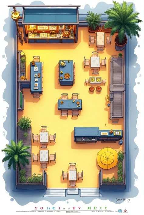 Make a Floor plan for food stall restaurant the theme is yellow and purple blue without tree and any design