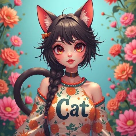 cute catgirl, detailed intricate "CAT" lettering and colorful letters on outfit, beautiful detailed eyes, beautiful detailed lips, extremely detailed face and features, long eyelashes, cat ears, cat tail, kawaii style, vibrant colors, dynamic pose, highly ...