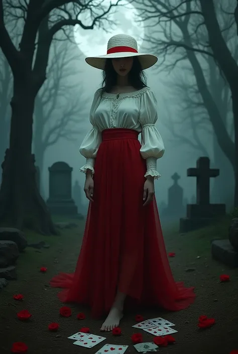  Gloomy cemetery with full moon , Saints red skirt floating white blouse with white and red Panama hat with white and red Panama hat with playing cards and red roses and number 7 