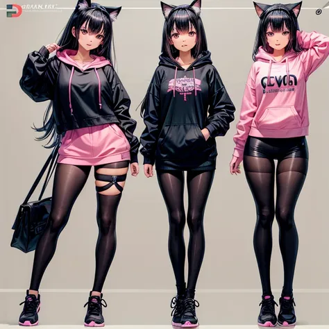 cat ears　leggings　Huge thighs　shocking pink hoodie　Black Hair　 shortcuts