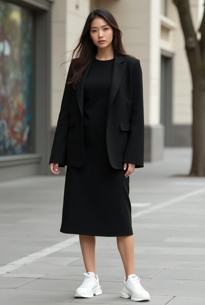 casual black dress, black blazers and white sports shoes 