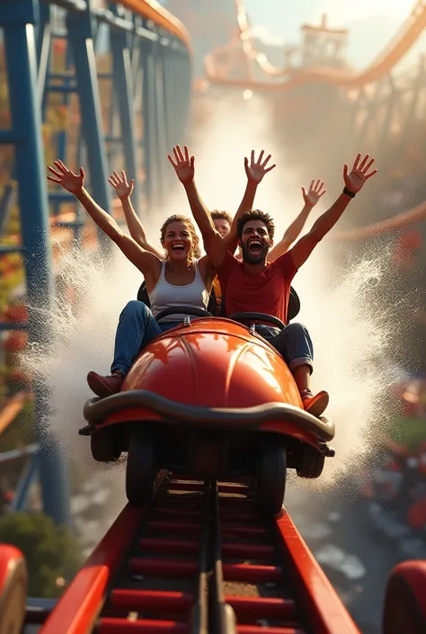 realistic, photorealistic, cinematic, 3D, dynamic, adrenaline-fueled, heart-pounding, thrilling, high-speed, roller coaster, amusement park, adventure, excitement, splashing water, people riding with arms raised, plummeting down the tracks, extreme close-u...