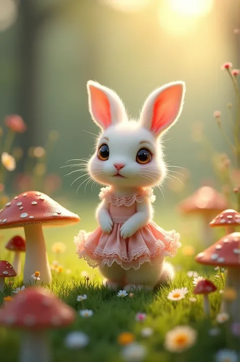 Cute little bunny in a dress in a meadow with mushrooms 