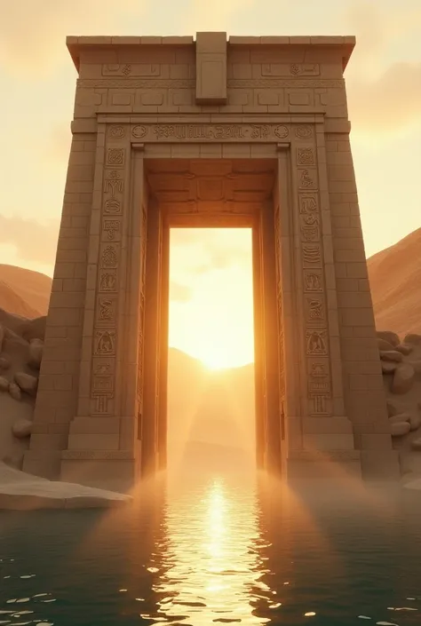 (photorealism:1.2),  big and long Egyptian door,  with a desert in the background , In front of an ocean ,  image of dawn in the morning 