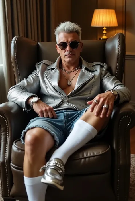 full body view, 45 yo clearly gay man with perfectly stylish silver-grey undercut ,fashion sunglasses, inflated siliconed lips, turned-up tiny nose ,in silver latex biker jacket, denim shorts, long white OverPed socks pulled-up, silver shiny chunky hype fa...