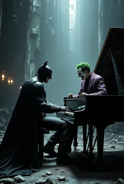  Piano Concerto in the Batcave : "inside the batcave, cercados pelos supercomputadores e equipamentos de batman,  he and the Joker are seated face to face ,  each playing on gigantic grand pianos . batman,  with its cover flowing behind ,  plays a dramatic...