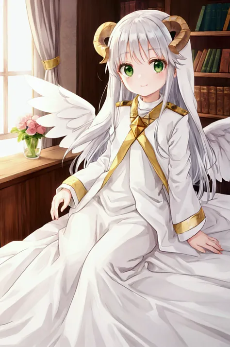 long silver hair, green eyes, nun, white clothes, petite, wings, ram horns, sonrisa, bedroom