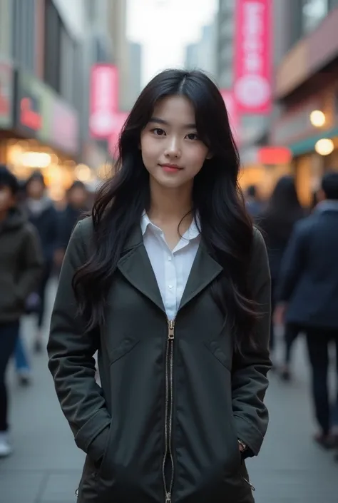  The best quality ,8K,  Detailed facial depictions , Detailed description of the eye,  black hair( Long wavy hair ),Beautiful Asian Girl, 21 years old,  thin body,  small breasts, big ass, Dressed as a schoolgirl ,  Walking around the city center with a lo...