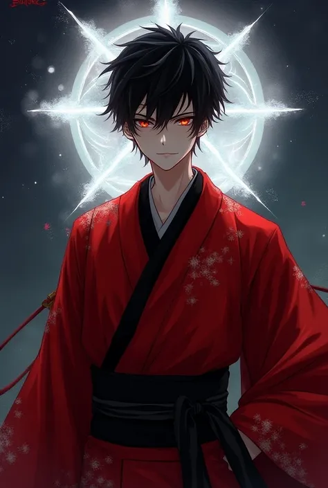 Young man of 24 wearing red kimono with black ,  black hair,  red eyes and behind him an eye-shaped star