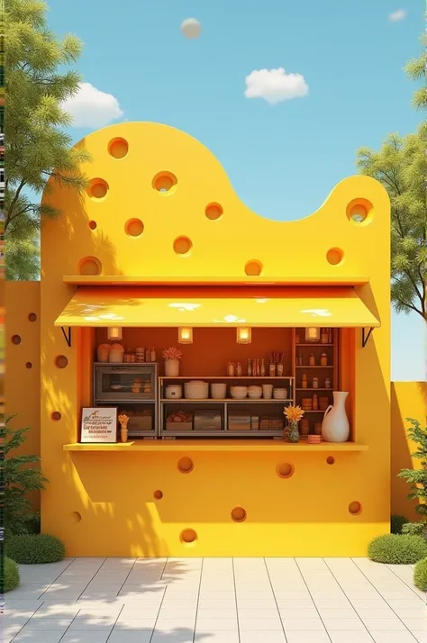 Makr exterior simple design for food stall inside the mall and seaside the theme is yellow the name of food stall Cheese N Pins just food stall no person and any design 