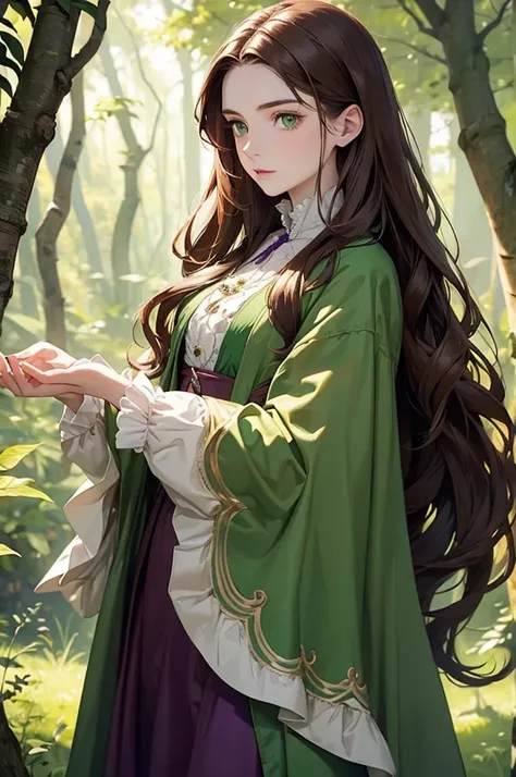 1700s female with pale skin and extremely beautiful face with long brown hair and green eyes and wearing a purple cloak in the woods.