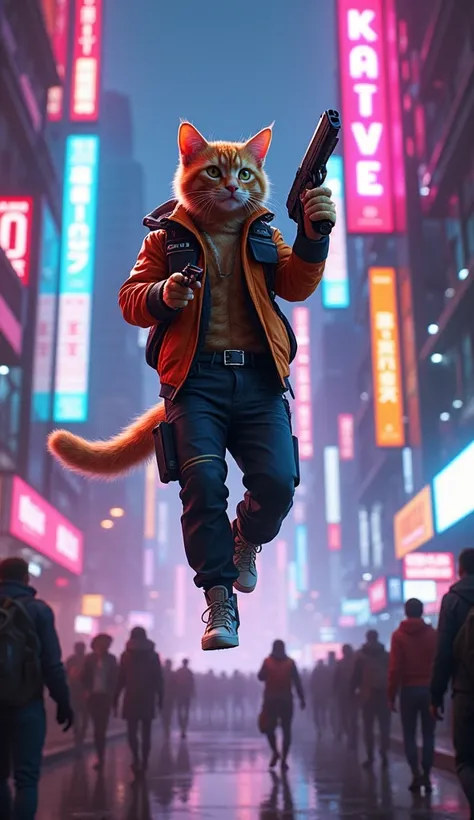 An anthropomorphic orange male tobby cat dress in cyberpunk 2077 style clothing and pants holding a gun and fying in the air A neon-lit cityscape in a cyberpunk style. The nighttime atmosphere pulsating with rich hues of pinks, blues, and purples. Futurist...