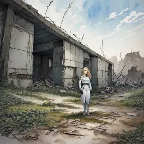 best quality, high resolution, ultra-detailed, extremely detailed, (a adult woman with long dark blonde hair standing in a wasteland wearing an all white uniform),(illustration:1.1),(best quality),(masterpiece:1.1),(solo:1.2),highres,(watercolor) a post-ap...