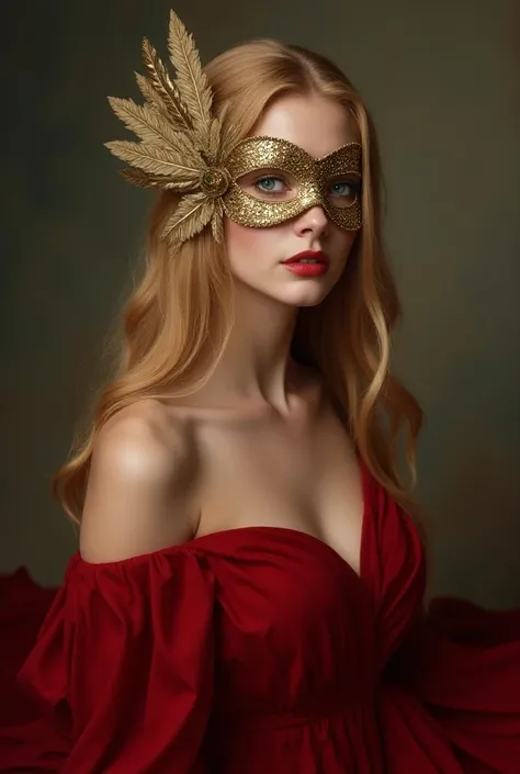 She makes Vaenna Lannister a beautiful young woman with green eyes and golden hair with an attractive hairstyle and an elegant gold mask with feathers that covers her face except her eyes. (full body perspective that shows her mask and her big red dress th...