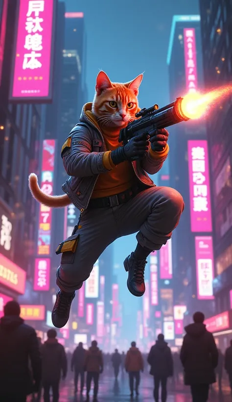 An anthropomorphic orange male tobby cat dress in cyberpunk 2077 style clothing and pants holding a gun and jump in the air shooting A neon-lit cityscape in a cyberpunk style. The nighttime atmosphere pulsating with rich hues of pinks, blues, and purples. ...