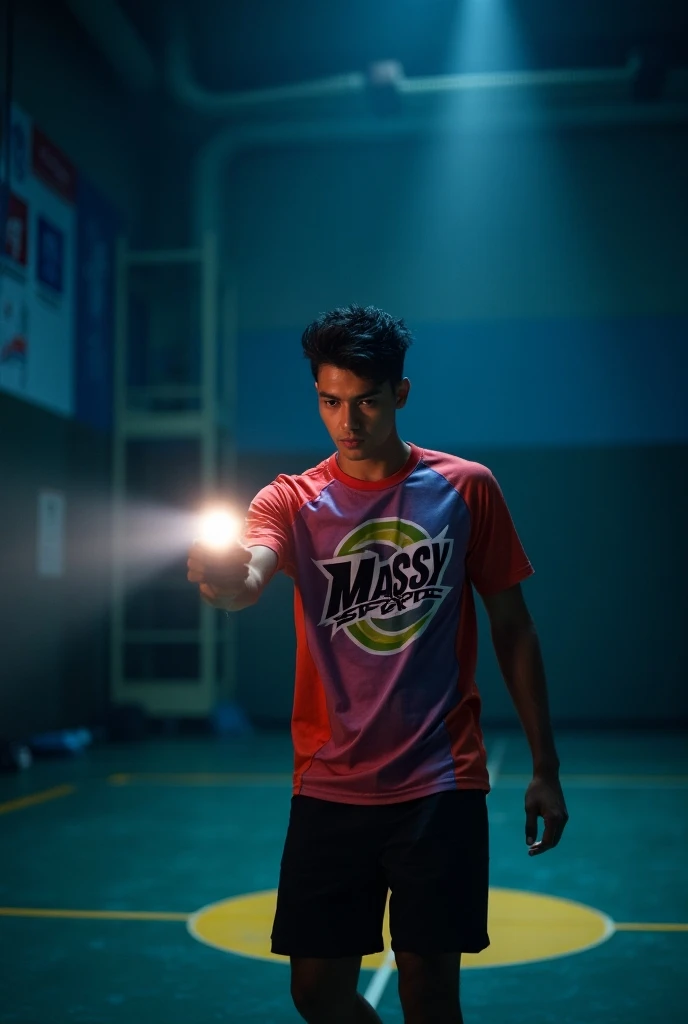 ren wearing shirts that say MASSY Sport shining with a flashlight in a dark gym 