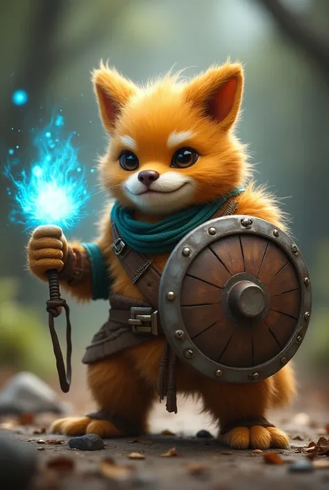 Guinomo , warrior ,minion, with shield in one hand and power ball in the other hand, high quality and realistic definition,cartoon ,dwarf, Furry and cuddly