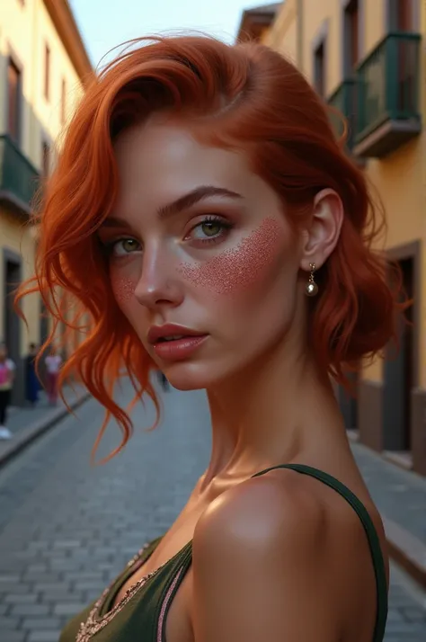  21 year old redheaded woman with a more mature face with a more mature face, pale skin, freckles,  red hair water green eyes,  fleshy and shiny lips , labia majora, thick lips, parted lips,  light pink glitter , On the street in the city of Spain 