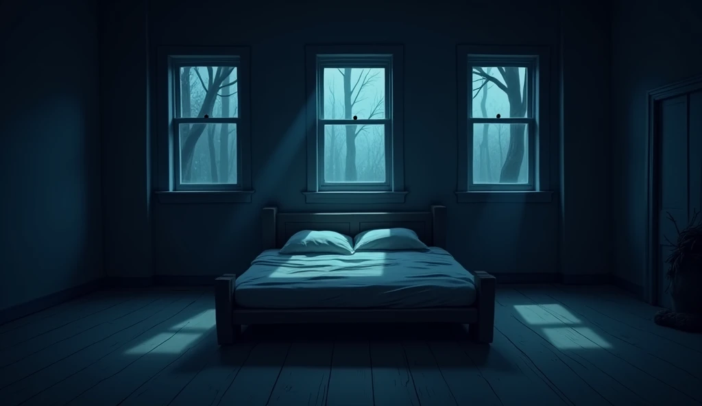 A dark room and a bed in the centre... There are 3 windowa..beside the two sides of the bed and behind a bed...cartoon in 16:9