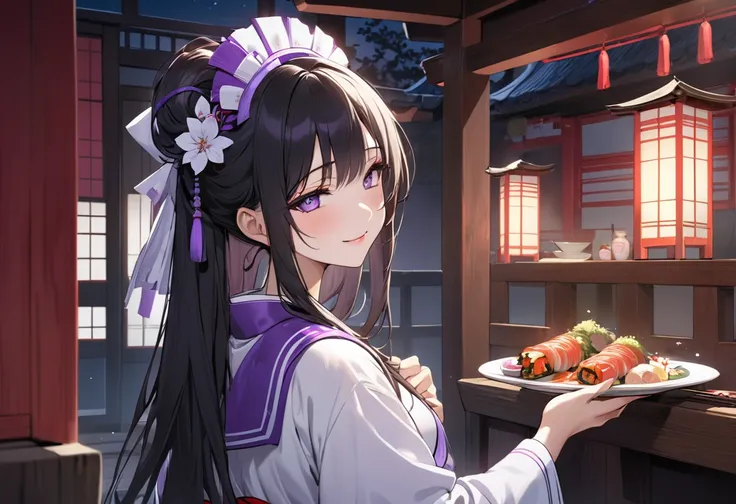 (beautiful and delicate), (hand holding a japanese food in Tableware), back view, (immensely beautiful shrine girl is age 15), (beautiful blunt bungs) (best black long hair) (beautiful violet half closed eyes), ((make-up beauty face)), (medium tits), (love...