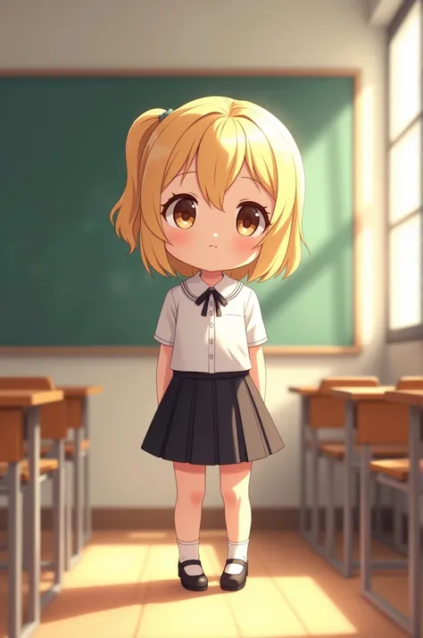 a .  Standing alone in a classroom .  Using a adorable school uniform with short black skirt and white shirt .  With her short blond hair tied in a ponytail .  Showing up on camera .  Her baby lips are so soft .