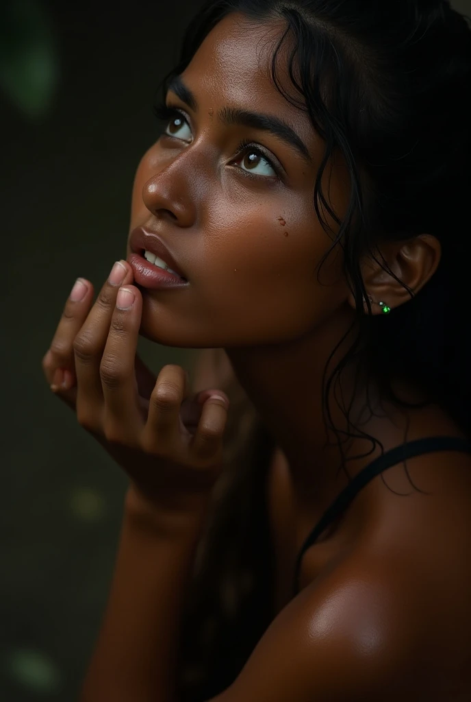 Indian woman kneeling down looking up close up, wet face of sweaty 