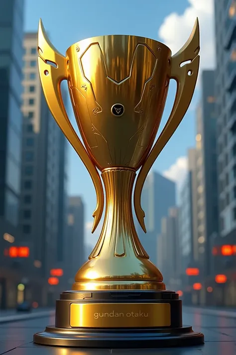  Generate a winning cup with a written inscription that says "Gundan Otaku " gold written on the base  