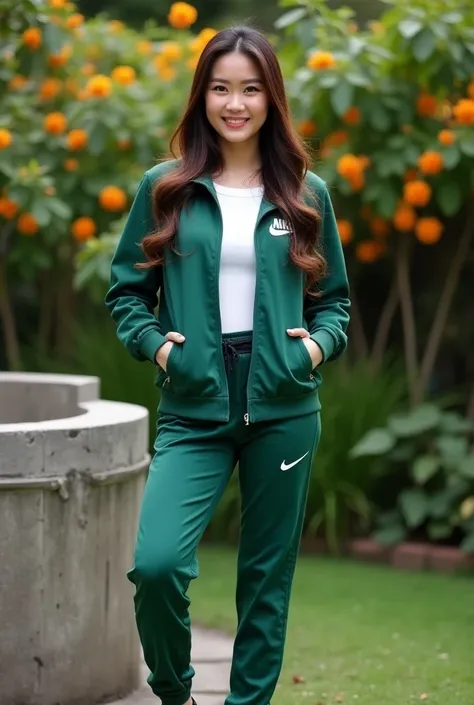 A whole photo and clear face of photography image of real beautiful smiling Thai woman dressed in a green terno jacket with nike design and joggingpants with nike design,,black nike sports shoes.a woman with 28x24x38 body size,130kg weight, long shiny brow...