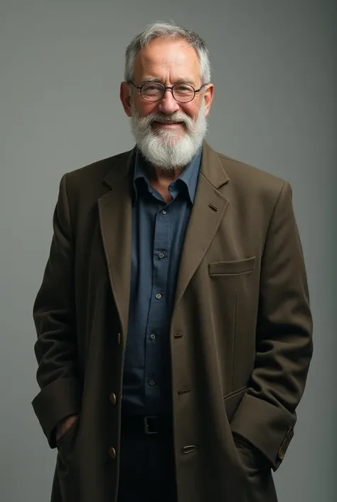 A old man around 65 years old, with short withe hair, blue eyes, and a long beard. He is of average height and has a friendly expression. Clothing: He is wearing a simple office work clothes, long sleeve coat, long pants, Alone, with glasses,