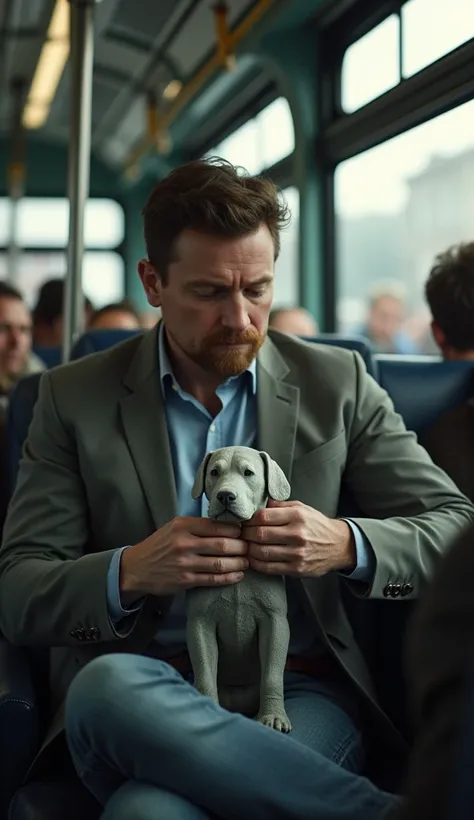 A man while sitting on a bus in his hands finds dog concrete.