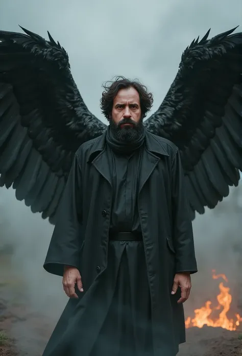 38-year-old man with a beard transforms into an ethereal and dark figure  ,    ,  an angel with large black wings that protrude imposingly above the hellish scene    .     His wings are long and sturdy    ,  }    made of dark feathers that seem to absorb t...