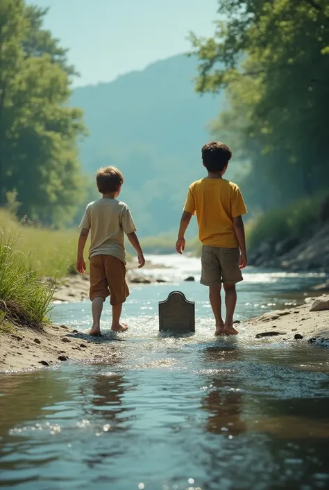 I need a picture of two nine year old boys in shorts and a t-shirt moving, as if he were walking backwards. with diagonal or transverse camera, he will cross this river and is on the bank. but there will be no going back at the same time a concern and a jo...