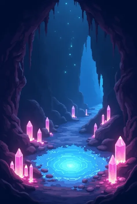 Pixel art of a dark cave, with many glowing pink crystals and a glowing blue pond