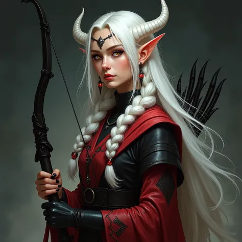  Crooked image of a woman with a black longbow with pointed ends and red, black clothes,  long white hair,  two braids on the sides of the face,  a fringe on the forehead , a calm look ,  golden eyes , pointed ears,  earrings with a red gem ,  curved white...