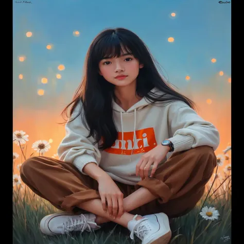  Photorealistic acrylic painting, which features a film look of a beautiful Indonesian girl with smooth white skin and well-groomed face. , long straight black hair with a roll , wearing a knitted hood with an orange and white logo. Santis gradient &#39;, ...