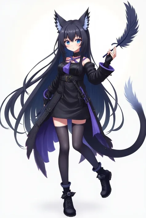  I need you to create a girl who has owl ears ,  who wears warrior clothes and these clothes are black and purple , blue cat eyes ,  that is an anime type and is full body in the pose of the hero who has one hand up in which a feather floats ,  that feathe...