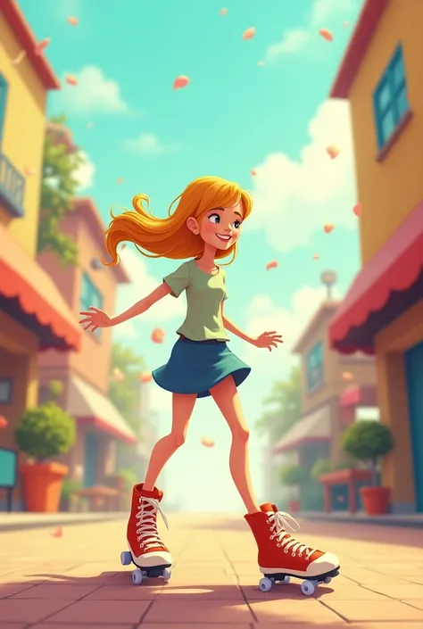 A skinny white girl  with straight, dark blond hair, Riding roller skates cartoon