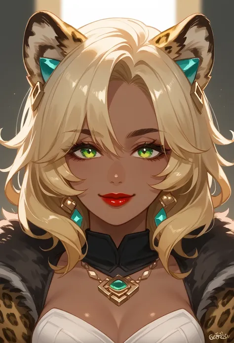 xilonen-gi, green eyes,blonde hair,animal ears,leopard girl, dark-skinned female, looking at viewer, red lips, smile, solo, uppe...