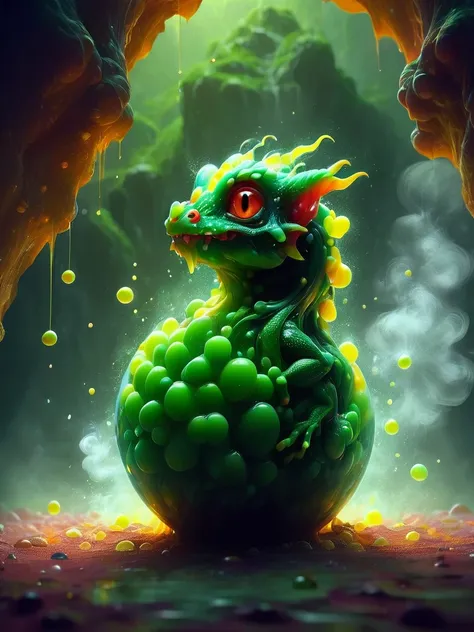 realistic photo of a little dragon, big eyes, just hatched, green skin, looking out of his egg, in a cave, photorealistic, hyper...