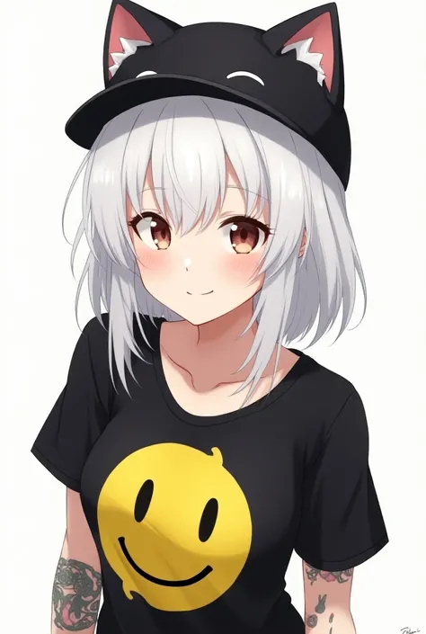 Anime woman with smile would be white hair black cat hat shirt with a yellow smiley face black shirt with tattoos 