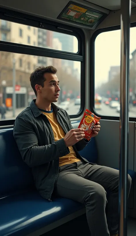 A man while sitting on a bus in his hands comes across some dog food.