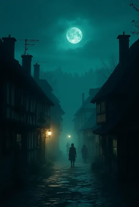 Nighttime village setting with an eerie glow