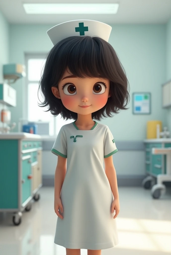 Thick-haired boy with medium length hair with square bangs and nurses dress in a hospital ward 

Disney Pixar 