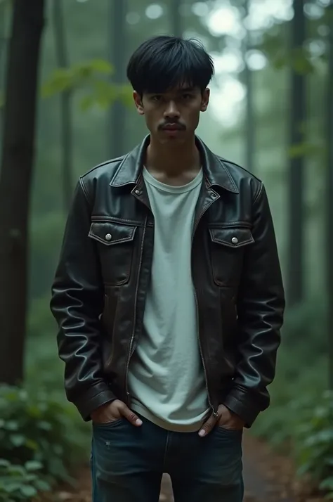 A 20-year-old teenager , black hair cut,  brown eyes, Crooked Jaw , white shirt,leather shirt, jeans, thin mustache,angry face,  Cinematic Forest 