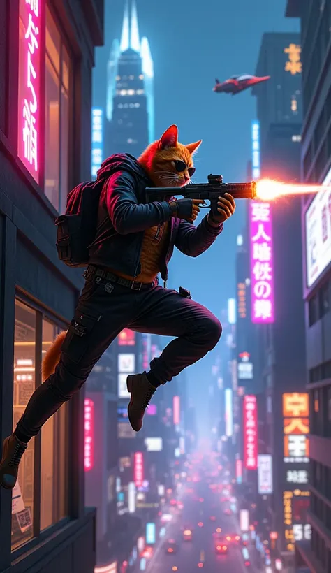 An anthropomorphic orange male tobby cat dress in cyberpunk 2077 style black clothing and pants wearing sunglass holding a gun and lay low posing jump in the air shooting inside a building window outside is a A neon-lit cityscape in a cyberpunk style. The ...