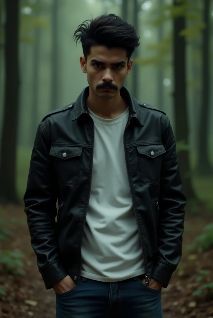 A 20-year-old teenager , black hair cut,  brown eyes, Crooked Jaw , white shirt,leather shirt, jeans, thin mustache,angry face,  Cinematic Forest 