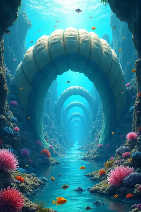  A giant shell opens up a corridor of crystal clear water, revealing an underwater city ,  colorful fish and sea creatures ,  surrounded by a bluish aura ,  on a magical and unique wallpaper .