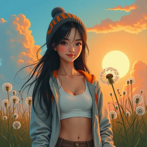  Photorealistic acrylic painting, which features a film look of a beautiful Indonesian girl with smooth white skin and well-groomed face. , long straight black hair with a roll , wearing a knitted hood with an orange and white logo. Santis gradient &#39;, ...