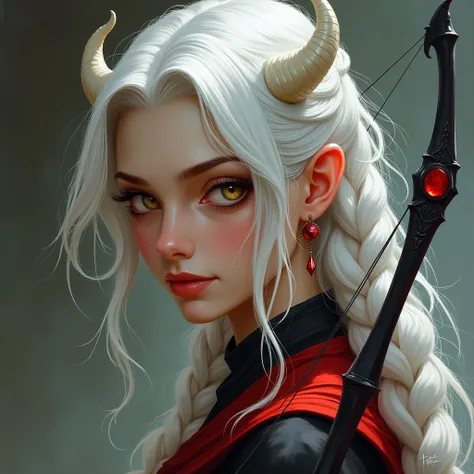  crooked image of a woman with a long black bow with pointed tips and red, black clothes,  long white hair,  two braids on the sides of the face,  a fringe on the forehead , a calm look ,  golden eyes , pointed ears,  earrings with a red gem , curved white...