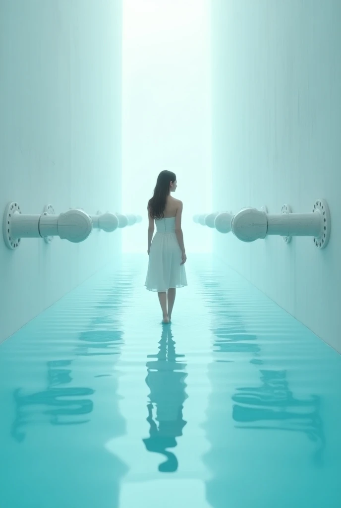 very long white infinite corridor, with a shallow pool of crystal clear blue water, There are huge side pipe outlets on the walls that drain a lot of water into the pool, there is a beautiful 18 year old girl walking on water, Depth Blur